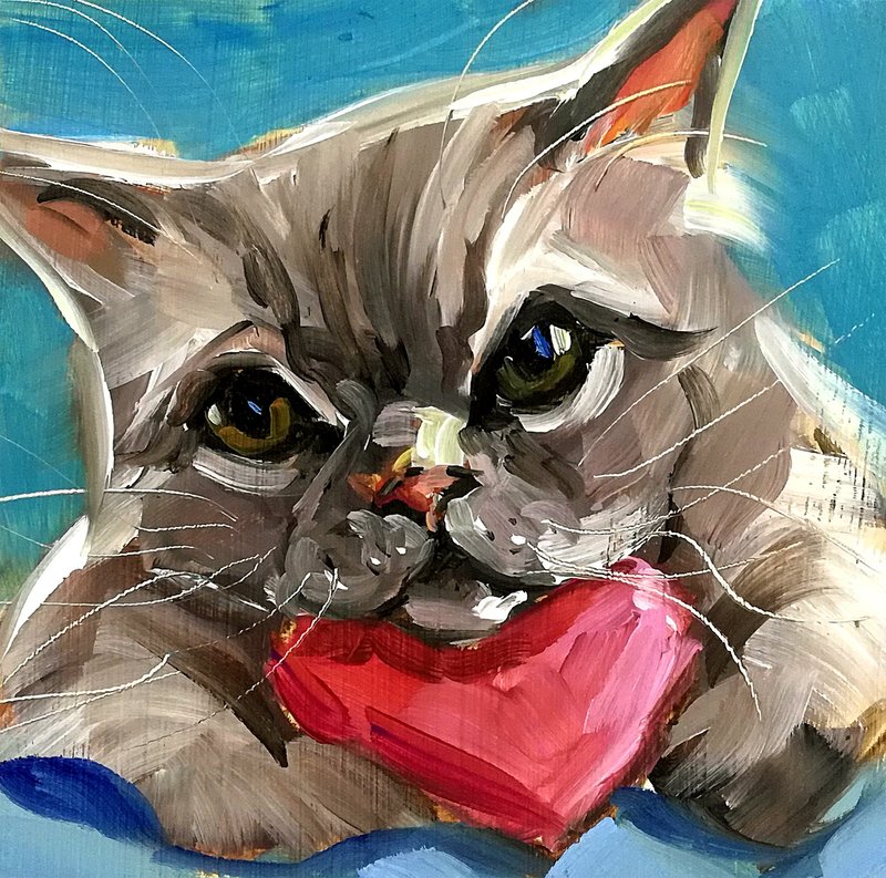 Oil Painting Cute Cat Pet Small Art 4x4 In Original Artwork Home Decor - 海報/掛畫/掛布 - 其他材質 多色