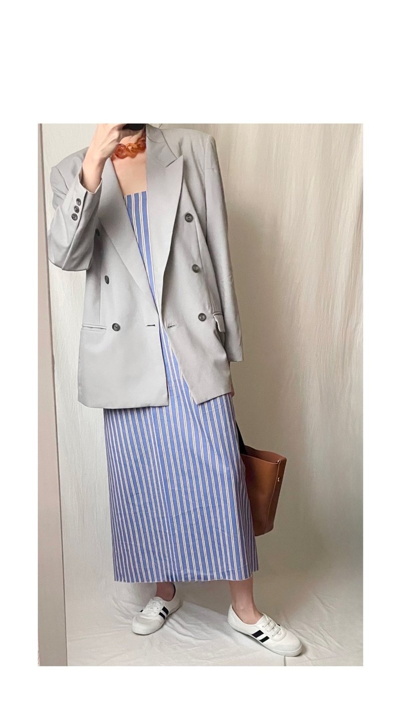 [Good vintage product] ZUMRA SUIT JACKET light matte gray blue shoulder pad suit jacket - เสื้อแจ็คเก็ต - ขนแกะ สีเทา