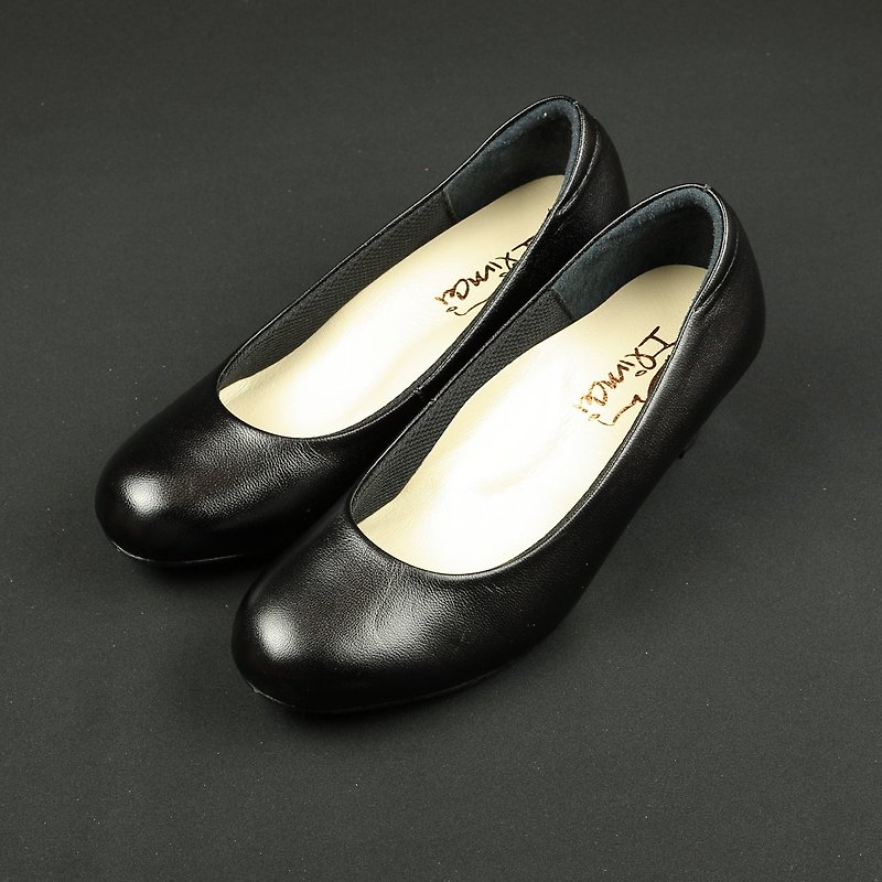 OL work round toe mid-heel shoes-low-key black - รองเท้าหนังผู้หญิง - หนังแท้ สีดำ