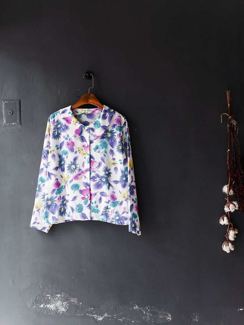 River Water - Nara Roland Purple Spring flower festival antique silky spinning shirt shirt oversize vintage - เสื้อเชิ้ตผู้หญิง - เส้นใยสังเคราะห์ สีม่วง