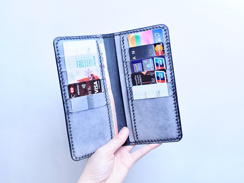 10-bit long card folder leather material bag free embossing leather bag Silver birthday gift for Father's Day gifts Christmas gifts Italian leather vegetable tanned leather valentine - เครื่องหนัง - หนังแท้ สีน้ำเงิน