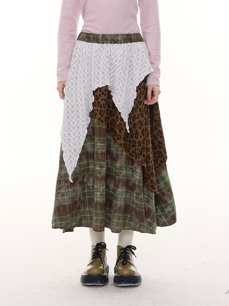 ziziFei秋冬季設計感高腰顯瘦不規則格紋拼接豹紋中長款半身裙女 - 裙子/長裙 - 其他材質 綠色