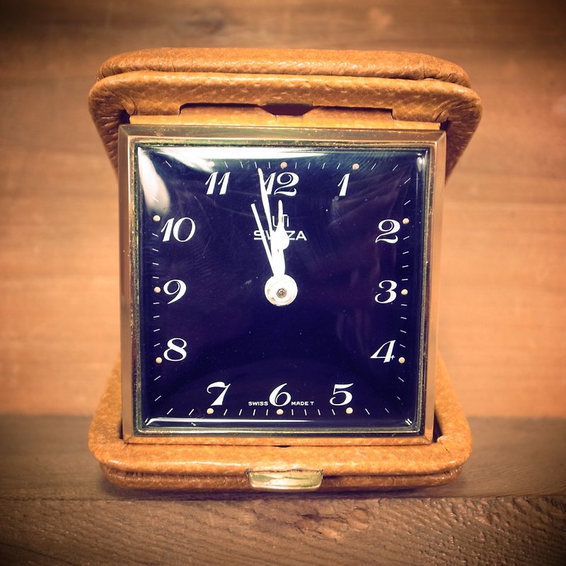 【ボーンズ]早期SWIZAキャラメルカラー印刷本物のヴィンテージのうちポータブルトラベルアラームクロック機械時計仕掛け - 時計 - 金属 ブラウン