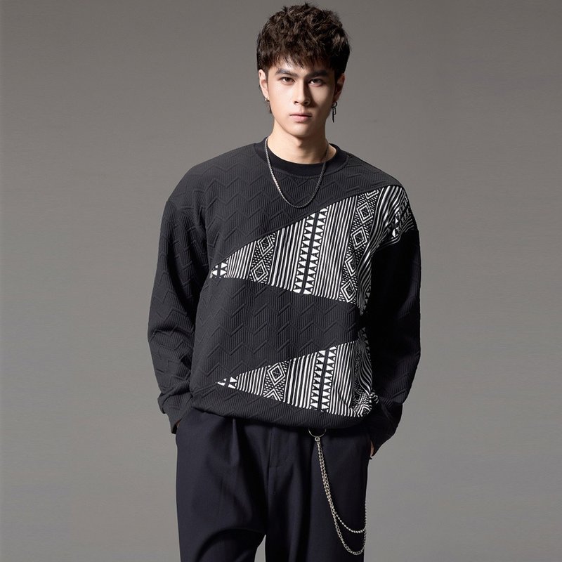 Autumn splicing bump color round collar hoodie retro geometric casual men's jack - เสื้อยืดผู้ชาย - เส้นใยสังเคราะห์ 