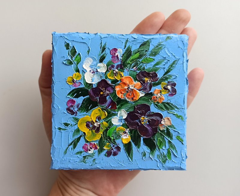 Pansy flowers mini oil painting impasto on canvas - unique gift - Wall Décor - Cotton & Hemp Blue