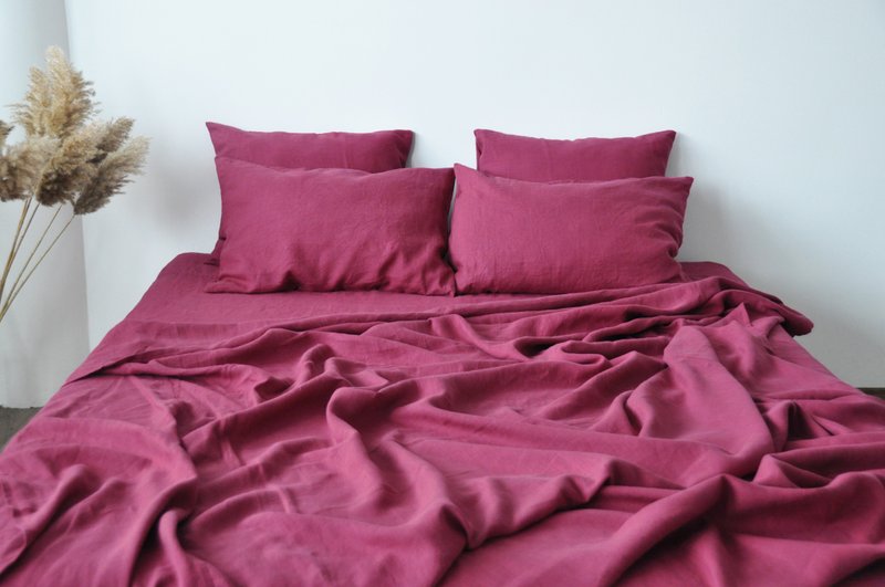 Raspberry linen sheet set / Flat+fitted sheet+2 pillowcases / Red bedding - เครื่องนอน - ลินิน สีแดง