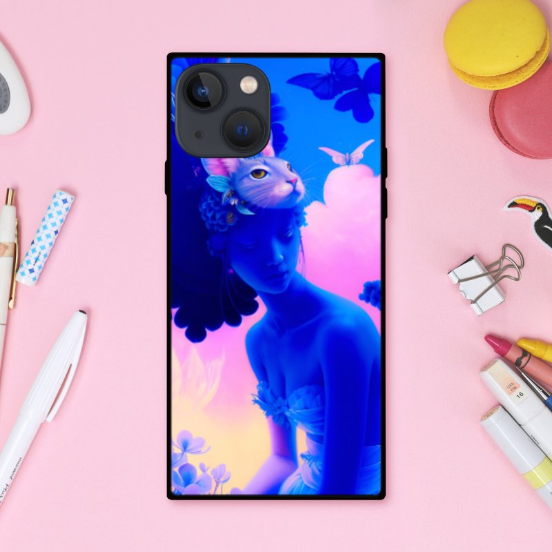 Fantastical and Dreamy Cat Mask Girl with Flowers and Butterflies - Square Type Smartphone Case [Tempered Glass Finish] Compatible with iPhone16 - 手機殼/手機套 - 塑膠 多色