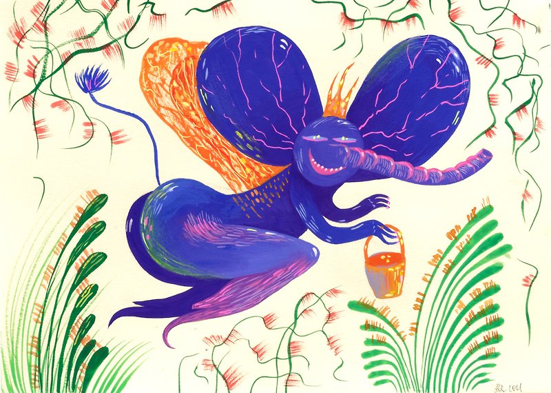 Original Painting Cute Illustration Elephant Butterfly Fairy Gouache on Pape - Wall Décor - Paper Multicolor