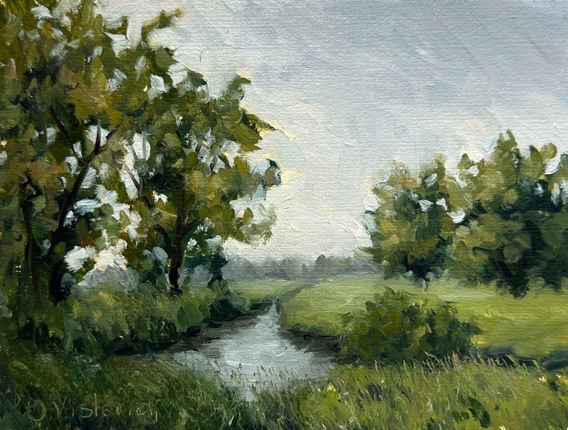 Original Oil Painting River Landscape Vintage Style Country House Art 6x8 inch - Wall Décor - Other Materials 