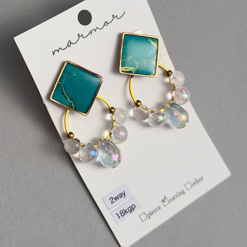 Emerald Green Alcohol Ink Clip-On Earrings – 2-Way Gold Hoop with Aurora Beads - Earrings & Clip-ons - Resin Green