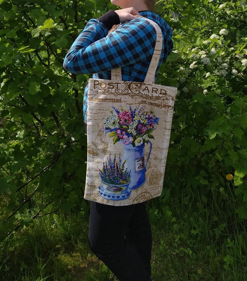 Strong reusable beige tote bag, eco friendly, cotton canvas bag with flowers - 手提包/手提袋 - 棉．麻 咖啡色