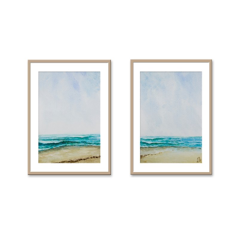 海景絵画2セット水彩オリジナルアートビーチ水彩手描き - ポスター・絵 - 紙 ブルー