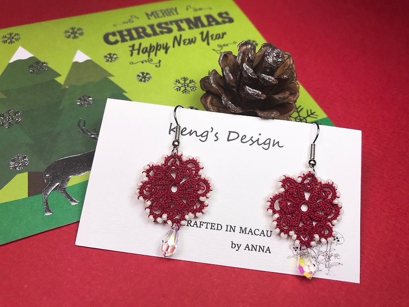 tatted lace crystal earrings (red) / Valentine's Day / Swarovski crystal - Earrings & Clip-ons - Cotton & Hemp Red