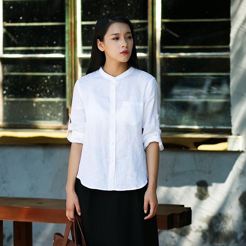 Annie Chen original design to accompany you to the end of the world early 2016 autumn new white blouse couple models - Women's Shirts - Cotton & Hemp White