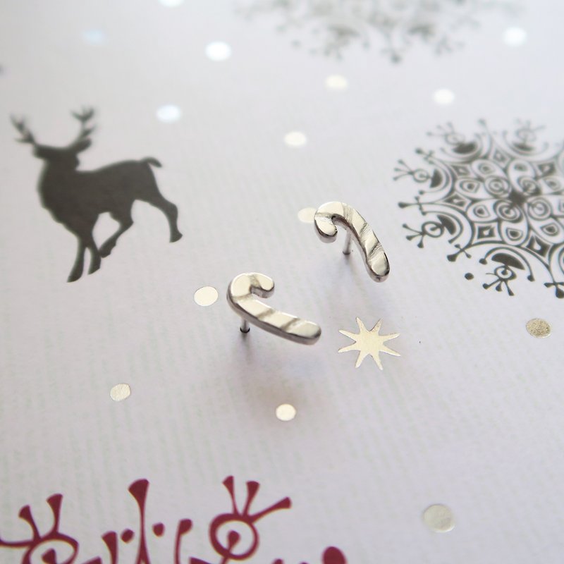 【聖誕禮盒】925純銀 拐杖糖 耳環 耳夾 一對 免費送禮包裝 - 耳環/耳夾 - 純銀 銀色