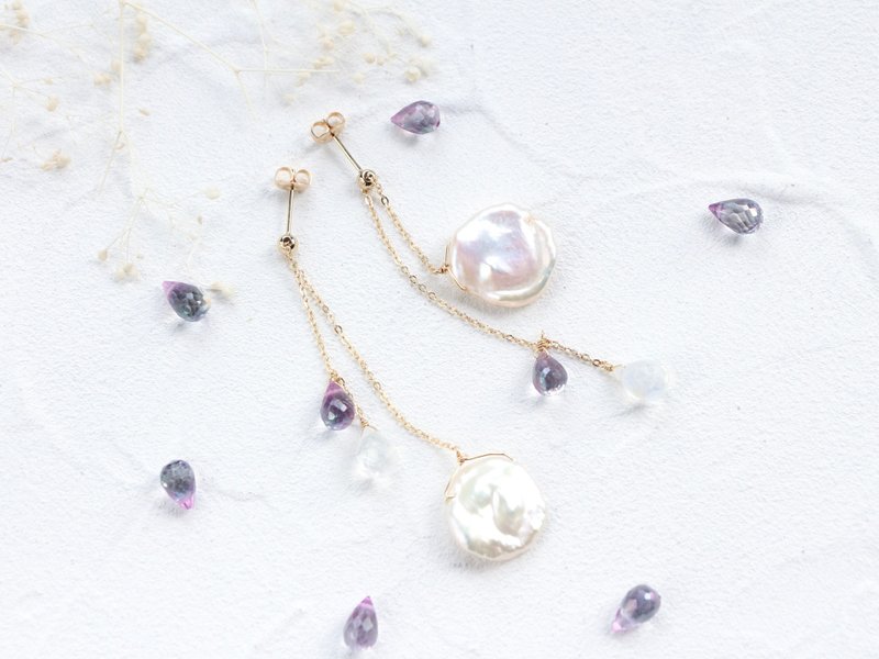 14kgf- rainy pearl pierced earrings/adjustable chain - 耳環/耳夾/耳骨夾 - 貴金屬 紫色