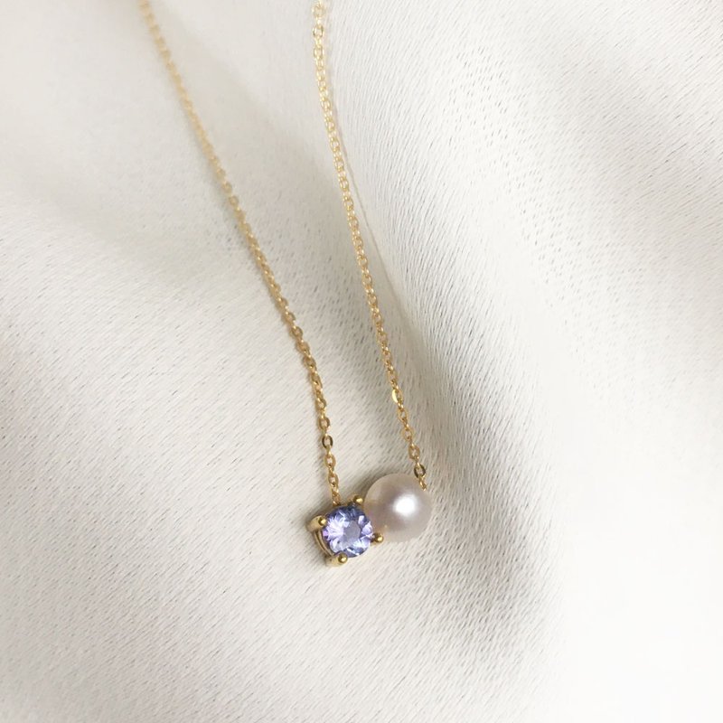 K10YG/SV925 Tanzanite Necklace, December Birthstone, Akoya Pearl Dainty Necklace - 項鍊 - 珍珠 藍色