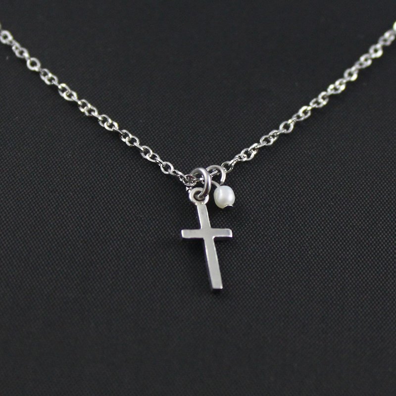 十字架 珍珠 純銀項鍊 - 項鍊 - 銀 銀色