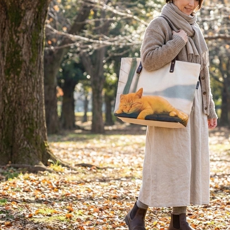 【日本製】黄昏タビー・リアル猫フォト大判トートバッグ - 手提包/手提袋 - 棉．麻 咖啡色