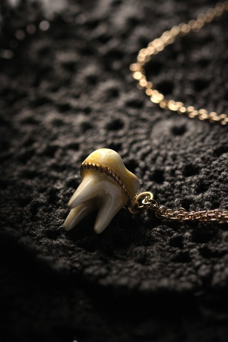 สร้อยคอ A tooth three roots charm necklace. Painted Version. - สร้อยคอ - โลหะ สีทอง