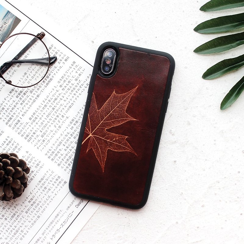Dark brown Maple Leaf iphone 6s 7 8 plus Mobile Shell i6 i7 i8 x Leather protective shell - Phone Cases - Genuine Leather Brown