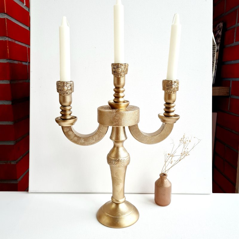 Gold candelabra with slots for 3 candles Wood candle holder centerpiece Handmade - 香氛蠟燭/燭台 - 木頭 金色