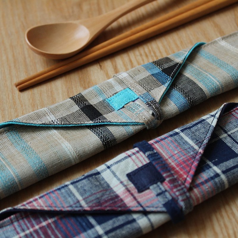 "Daily" cutlery sets [pair of pairs] | with chopsticks and spoons | color blue grid and dark blue grid - Chopsticks - Cotton & Hemp 
