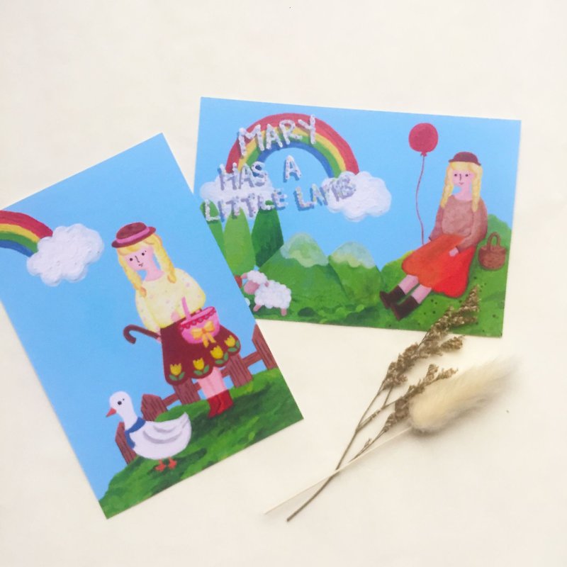 Mary has a little sheep and a villain illustration postcard - Cards & Postcards - Paper Blue