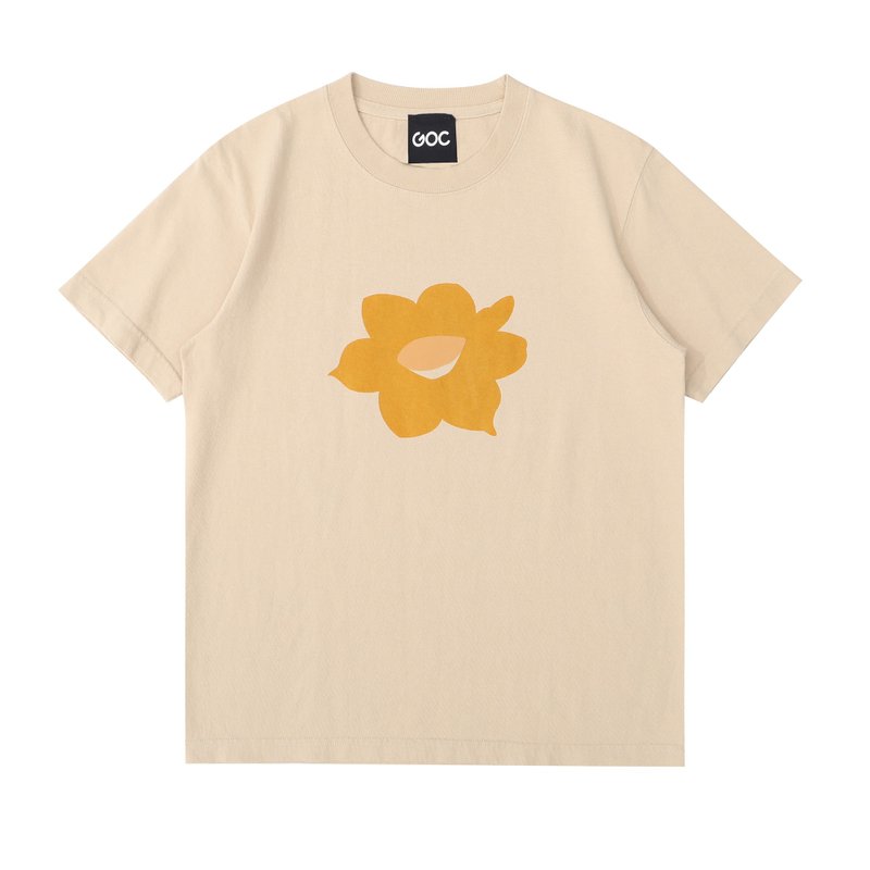 GOC Studio hand-screen printed velvet mud daffodil milk tea color T-shirt - เสื้อยืดผู้หญิง - ผ้าฝ้าย/ผ้าลินิน สีน้ำเงิน