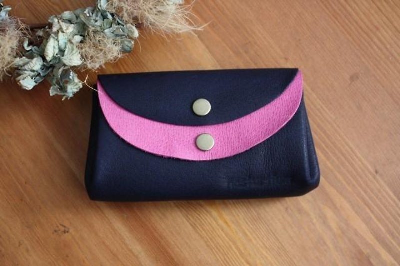 Small pigskin wallet navy x rose pink - กระเป๋าสตางค์ - หนังแท้ สีน้ำเงิน