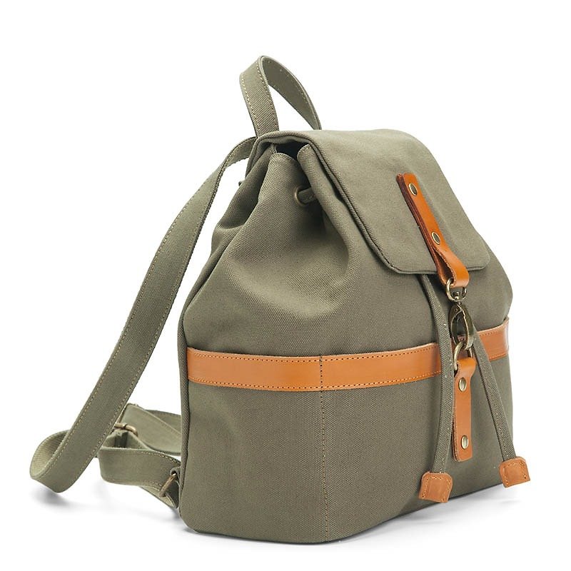 Bucket backpack with drawstring top in water resistant canvas and leather Green - Backpacks - Cotton & Hemp Green