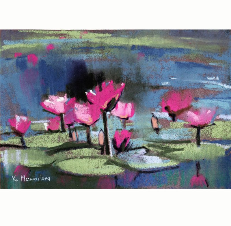 Lotus lilac original painting Water lily work Gift Flowers art Waterlilies art - 壁貼/牆壁裝飾 - 紙 多色
