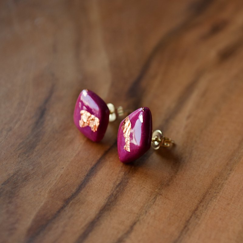 TeaTime / wind Series - gold and plum colored earrings / handmade original pure color and wind diamond earrings imported material gold ear clips / earrings - Earrings & Clip-ons - Clay Red