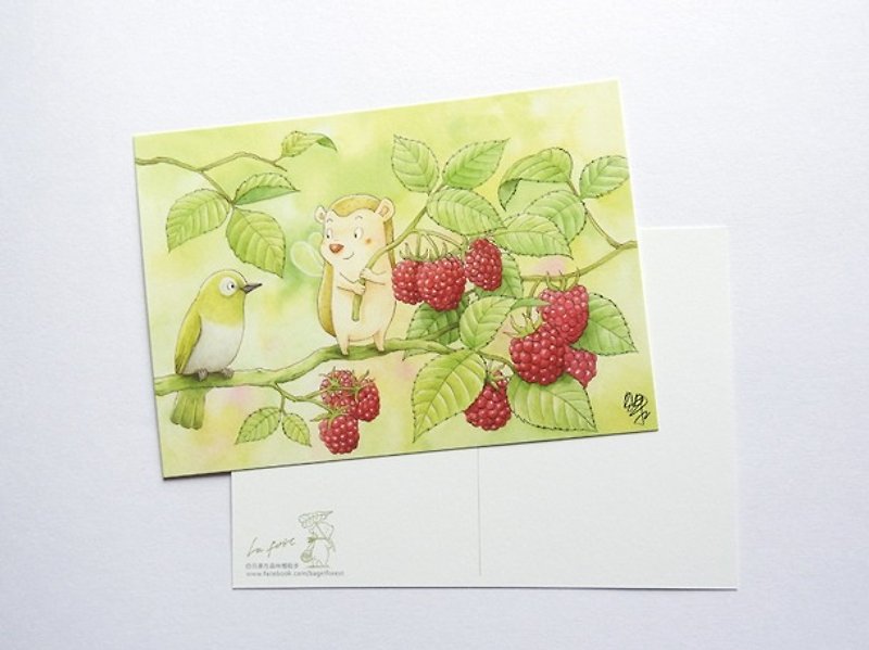 貝果插畫明信片「覆盆子－小刺蝟莓果精靈」 - 卡片/明信片 - 紙 紅色
