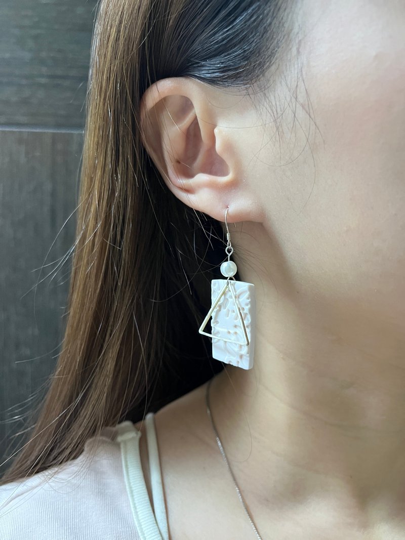 CM triangular white embossed handmade soft clay earrings 925 sterling silver earrings - Earrings & Clip-ons - Pottery White