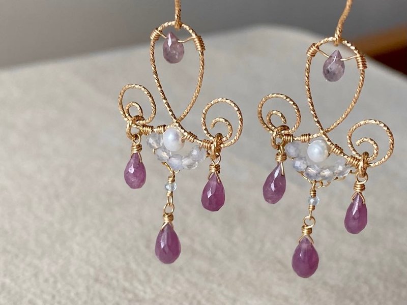 Crystal Chandelier | Star Ruby Pearl Stone Agate Aquamarine 14KGF Earrings - ต่างหู - เครื่องประดับพลอย หลากหลายสี