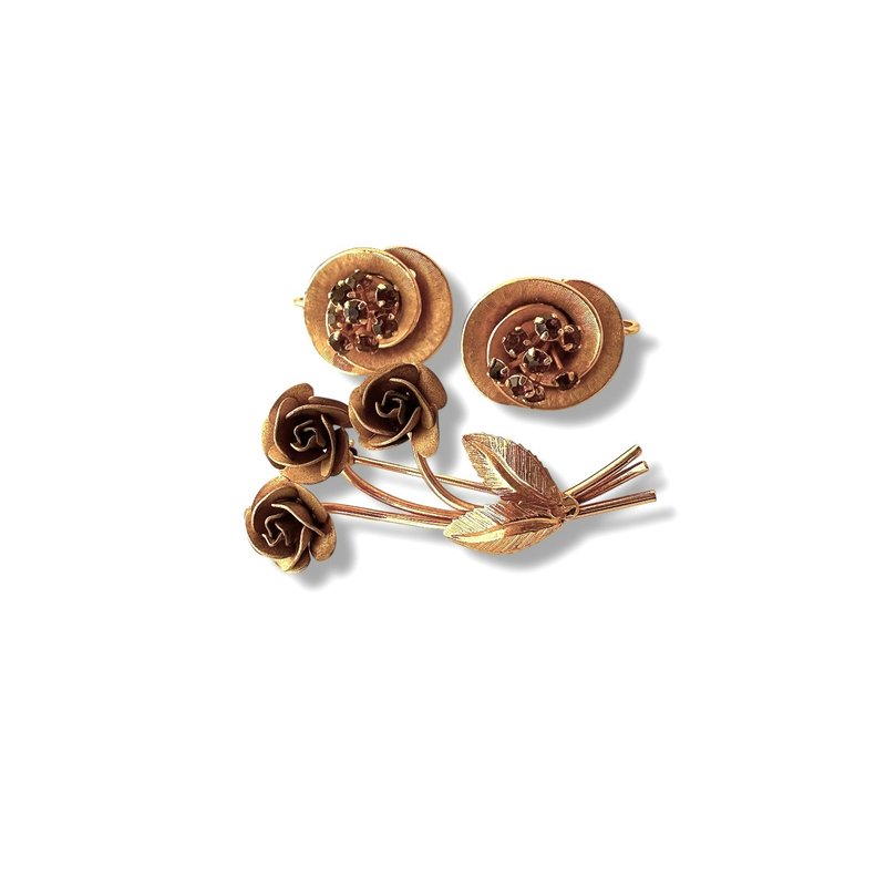 ヴィンテージ 1950-60年代 フラワー ローズ ブーケ ブローチ＆クリップイヤリング パープルクリスタル - ブローチ - 金属 ゴールド