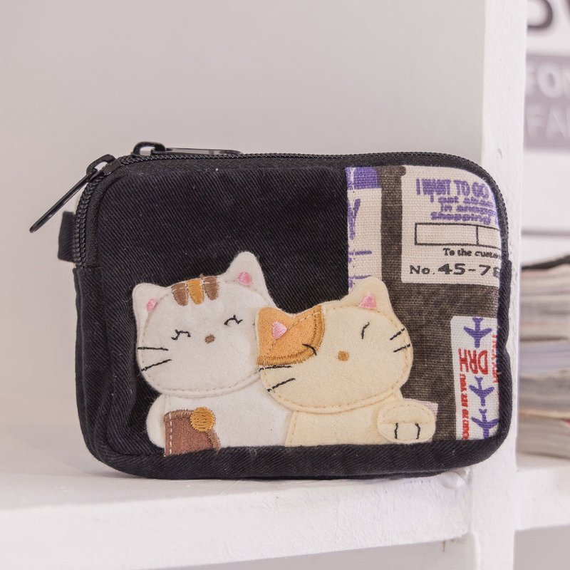 Cat family double-layered change/banknote/storage/key bag [820469] - กระเป๋าสตางค์ - ผ้าฝ้าย/ผ้าลินิน สีดำ