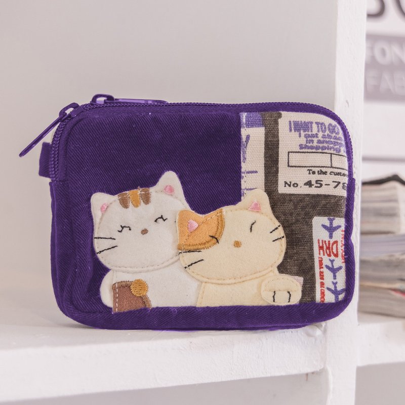 Cat family double-layered change/banknote/storage/key bag [820469] - กระเป๋าสตางค์ - ผ้าฝ้าย/ผ้าลินิน สีดำ