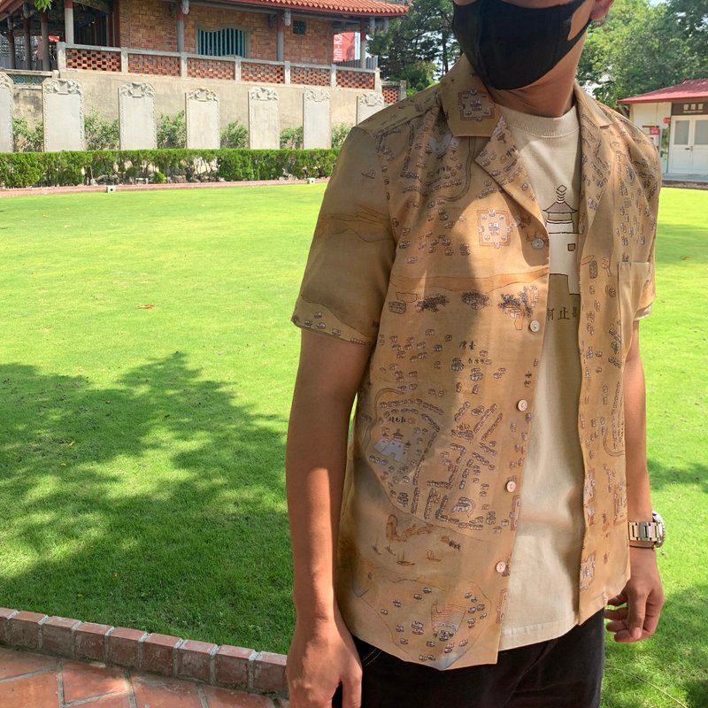 臺南四百年系列_古地圖_印花襯衫 - 男襯衫/休閒襯衫 - 棉．麻 卡其色