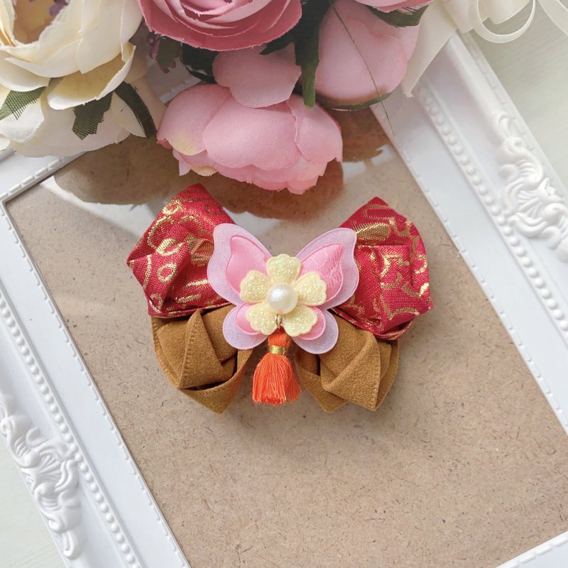 過年節慶刺繡緞面兒童小孩拼色髮夾髮飾-橘色流蘇 - 髮夾/髮圈 - 其他材質 紅色