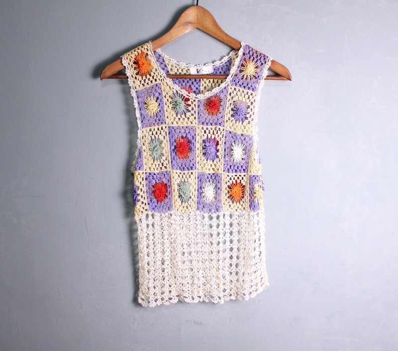 FOAK古著 復古色塊鉤花背心 - 背心/無袖上衣 - 其他材質 