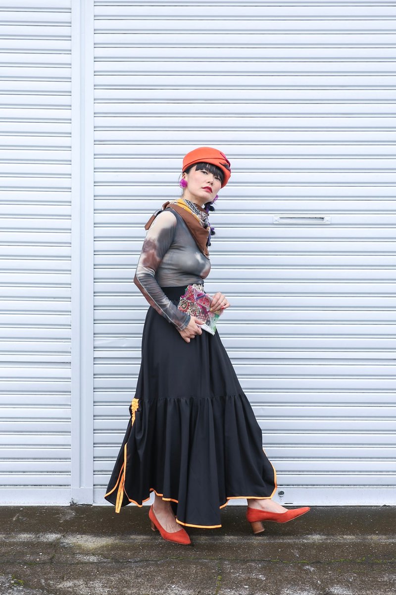 Orange and black elastic gathered skirt - กระโปรง - ผ้าฝ้าย/ผ้าลินิน สีดำ