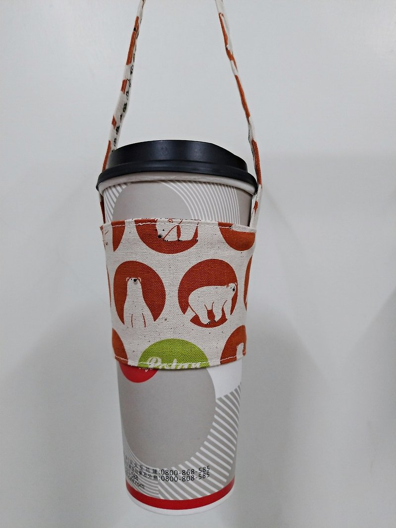 Beverage Cup Holder, Green Cup Holder, Hand Beverage Bag, Coffee Bag Tote Bag-Round Polar Bear (Orange) - Beverage Holders & Bags - Cotton & Hemp 