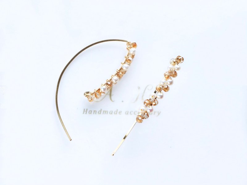 14kgf-orange topaz and pearl  marquis pierced earrings - 耳環/耳夾/耳骨夾 - 寶石 橘色