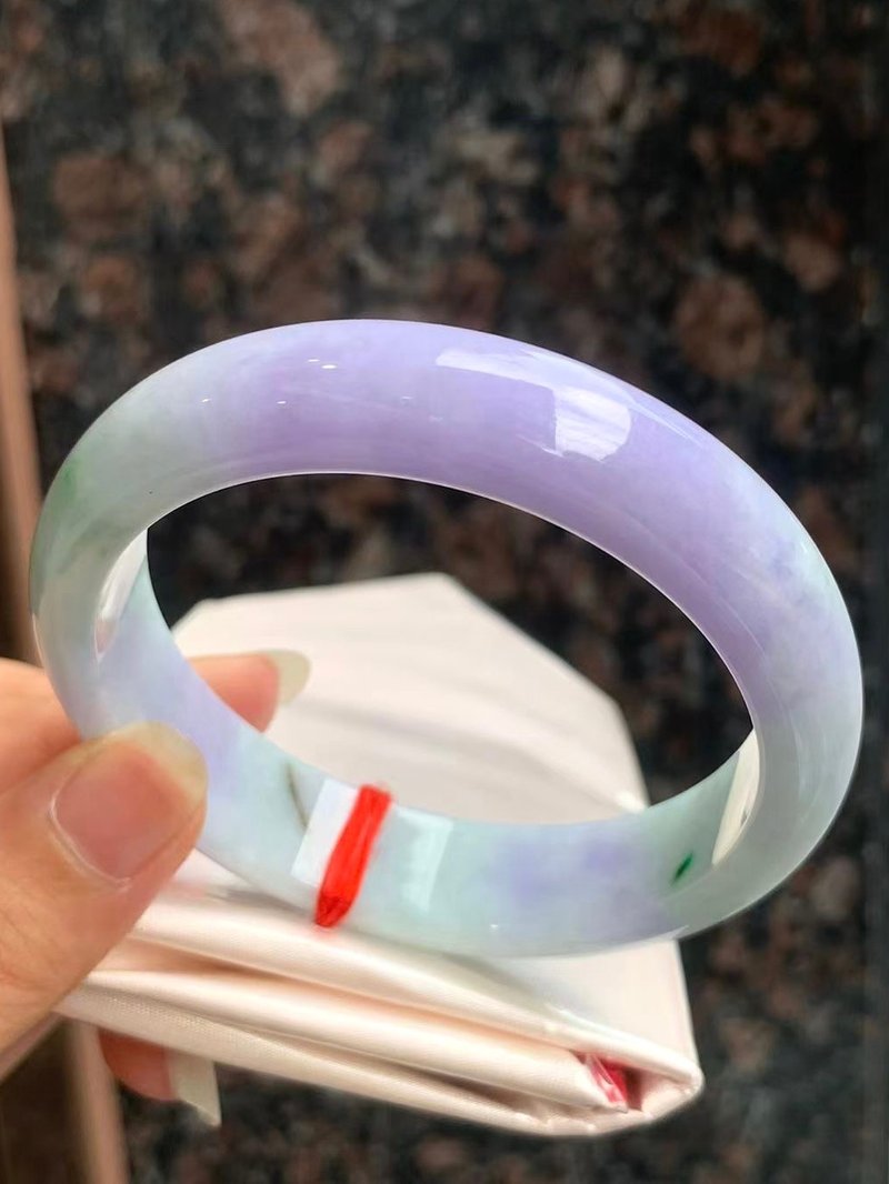 冰種 天然翡翠 緬甸 A玉 玉鐲 • 糯冰種春帶彩翡翠福鐲 - 手鍊/手環 - 玉石 紫色