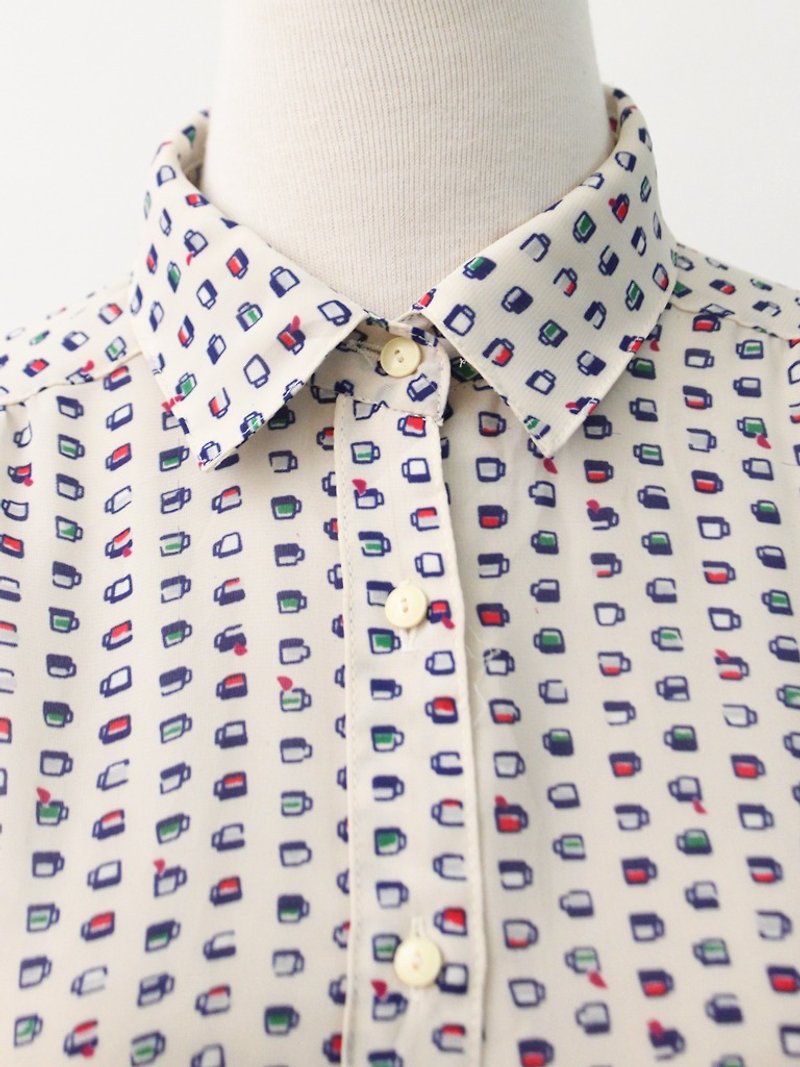 レトロな日本製ラブリー幾何学ベージュヴィンテージシャツ日本ビンテージブラウス - シャツ・ブラウス - ポリエステル イエロー