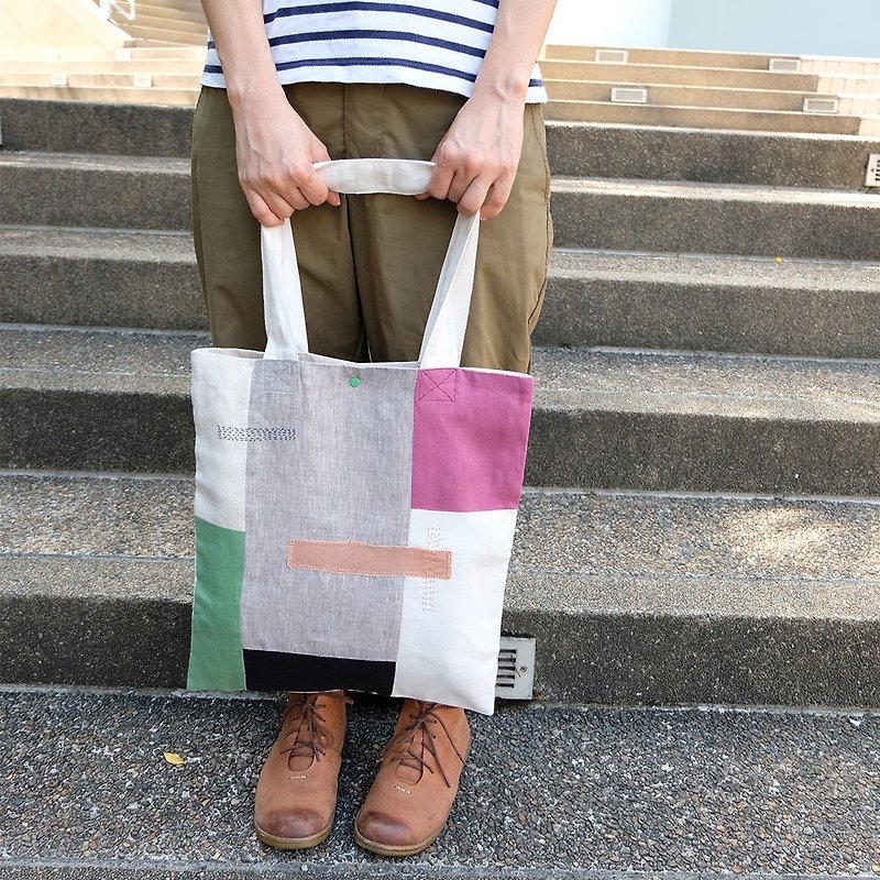 กระเป๋าสะพายข้าง Niko Tote Bag - Purple+Pine Green - กระเป๋าถือ - ผ้าฝ้าย/ผ้าลินิน สีม่วง