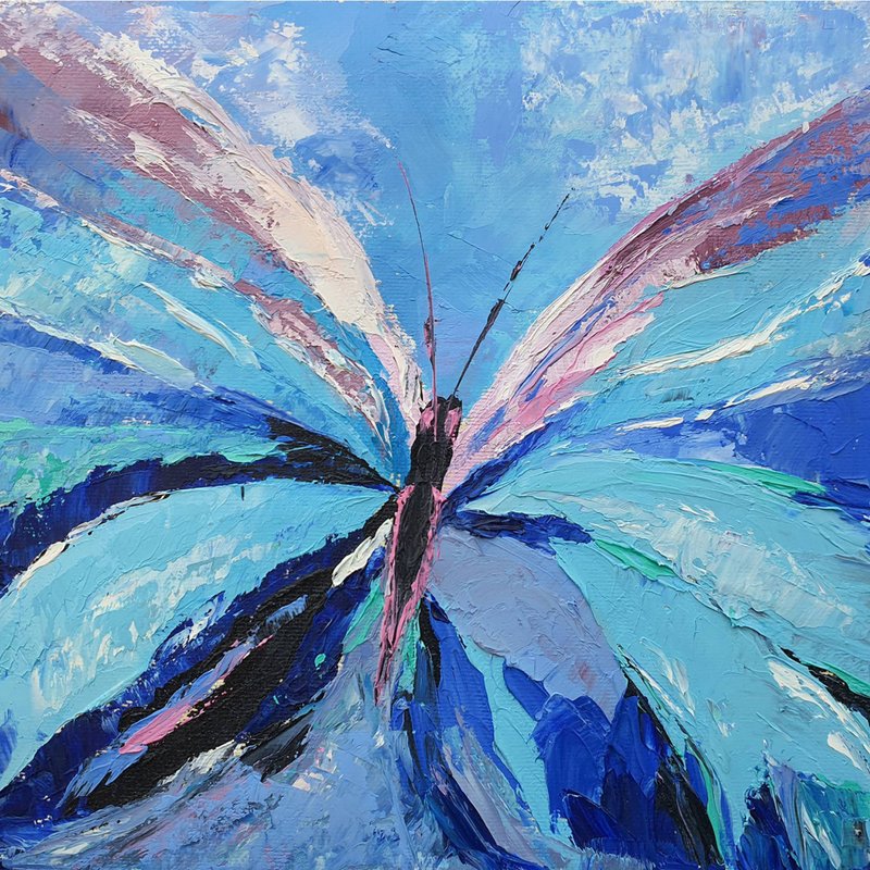 Blue Butterfly Painting Beautiful Insect Moth Wings Original Art Tropical Mole - 海報/掛畫/掛布 - 其他材質 藍色
