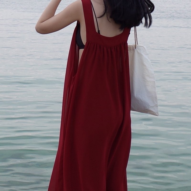透紗洋裝 酒紅色 - 洋裝/連身裙 - 聚酯纖維 紅色